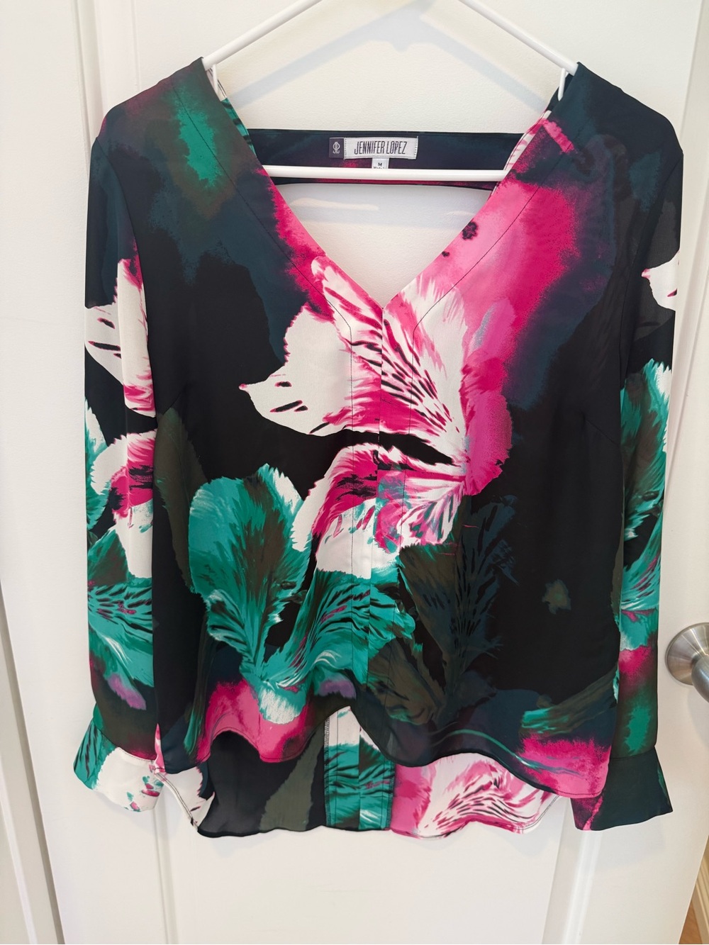 Jennifer Lopez Black Blouse with Pink & Teal Floral Print